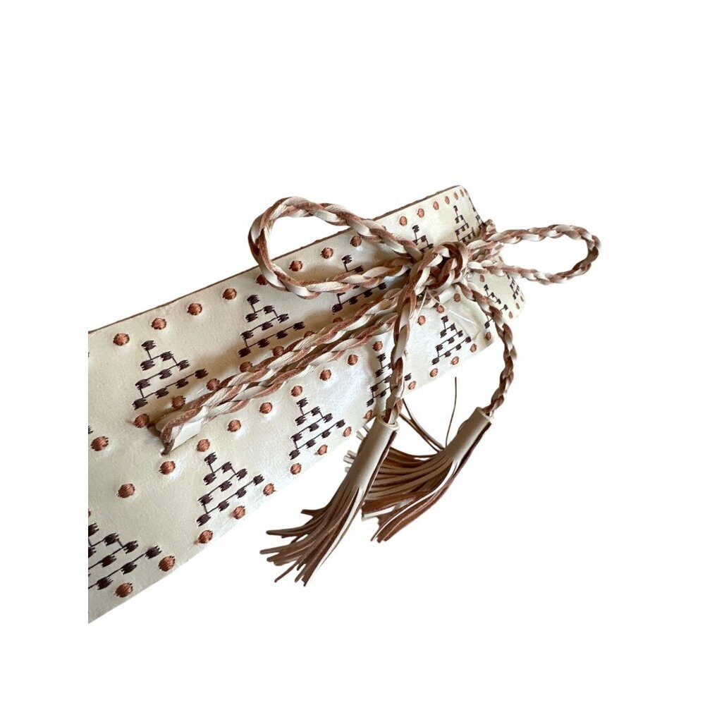 Beige Wide Waist Belt With Braided Tassels & Embroidered Accents - Picture 2 of 4